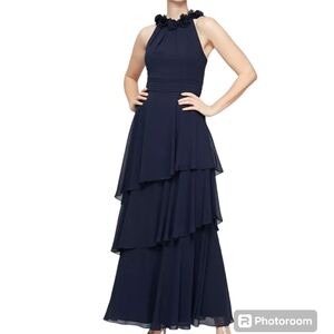ALEX EVENINGS Alex and Eve Size 8 Blue 3D Floral Halterneck Layered Maxi Gown